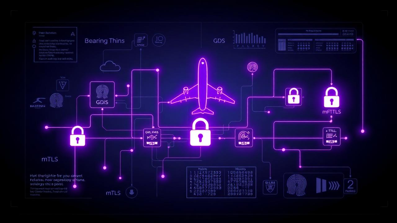 Aviation travel supply chain schematic with GDS booking pipeline, mTLS locks, and biometric cross-matching