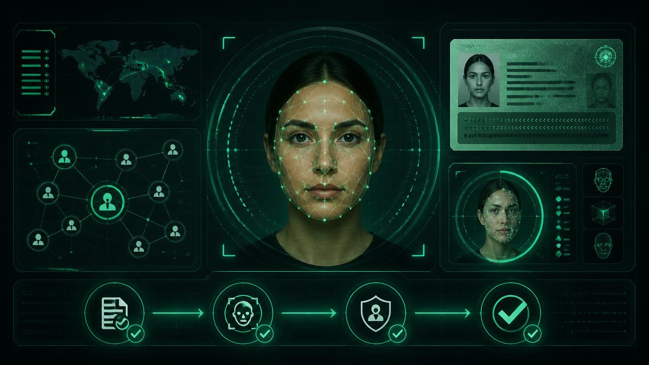 Digital KYC identity document, biometric face scan, liveness detection, and AML screening pipeline