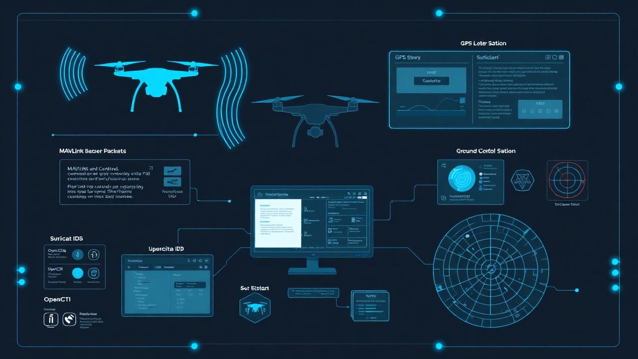 UAV drone cyber defense schematic with MAVLink IDS and GPS spoofing